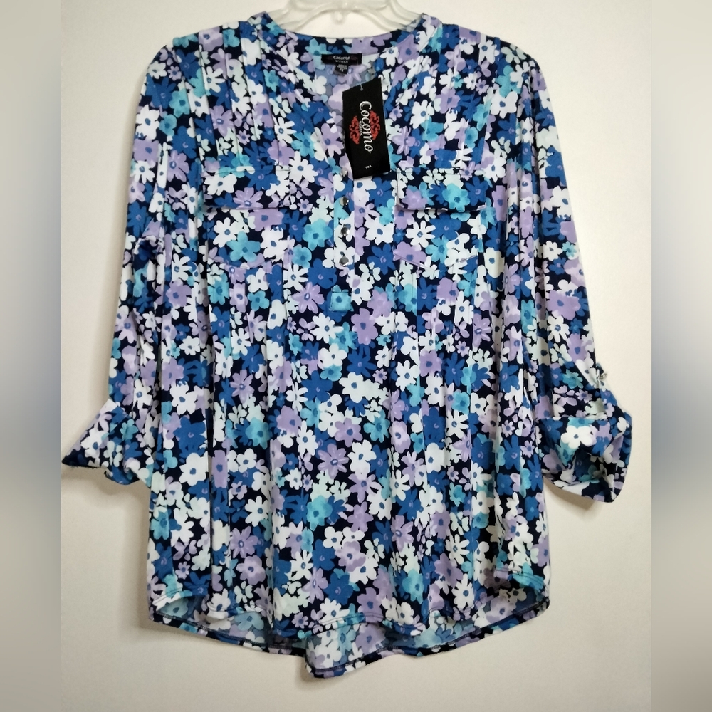 Cocomo Woman (Sz 2X) Multicolor Floral V-Neck Button Roll Tab SS Top (NEW-NWT)